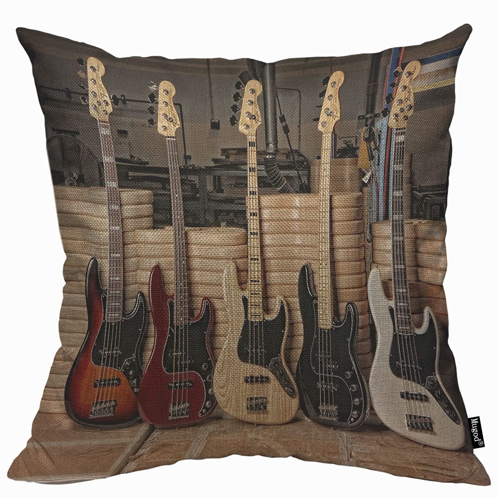 Mugod Five Guitar Cushion Cover Throw Pillow Covers Bass Music Musical Instruments Strings Cool Performance Show Pillow Case for Men Women Decorative Home Sofa Chair Couch 45x45cm/18x18 Inch