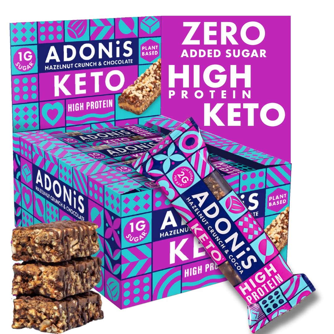 Adonis Hazelnut Crunch & Cocoa High Protein Keto Bars (16x45g) | Vegan-Friendly | 100% Natural Keto Snacks | Sugar Free, Palm Oil Free, Dairy Free | Low Sugar & Low Carb (Hazelnut Crunch & Cocoa)