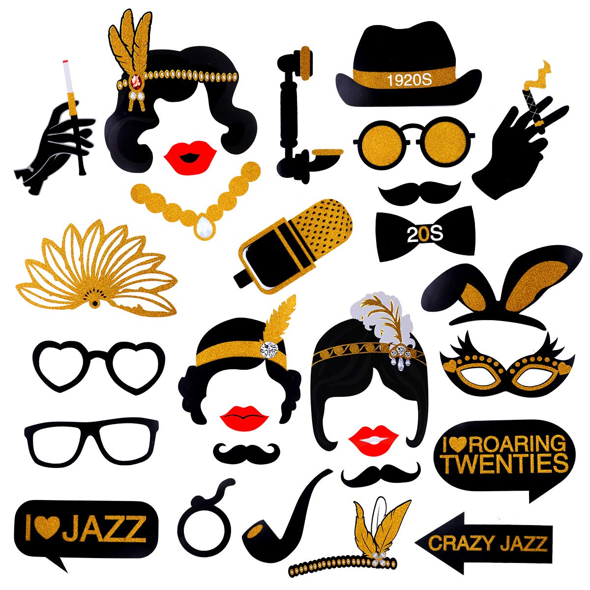 Yuccer 28 PCS 1920s Photo Booth Props Selfie Props with Bamboo Sticks Great Gatsby Party Accessories 1920s Party Props for Gatsby Vintage Jazz Party (28 Pieces)