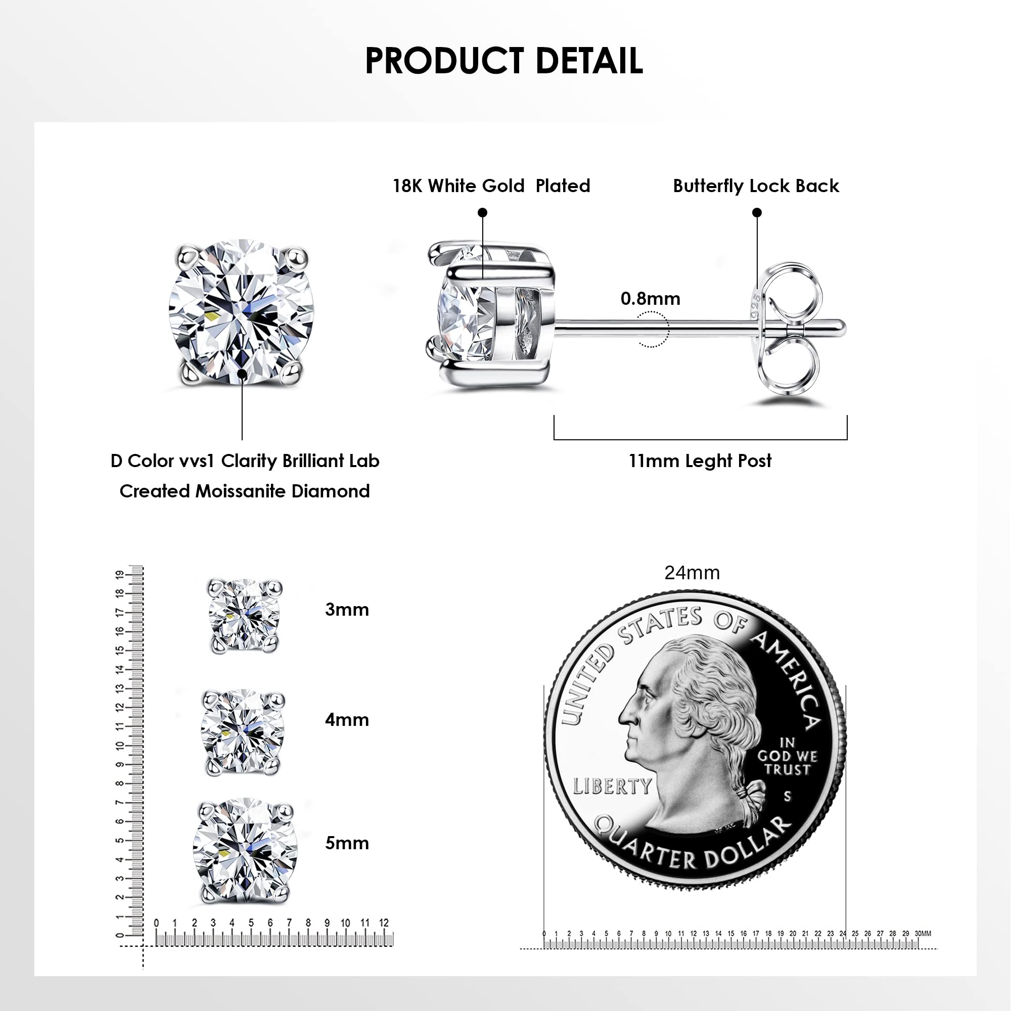 Blahanna Moissanite Stud Earrings 3 Pairs 14K White Gold Plated Sterling Silver Men's Flat Back Stud Earring Cartilage Helix Piercing D Color Moissanite Earrings Birthday Gifts for Men Women 1.8ct-3.2ct