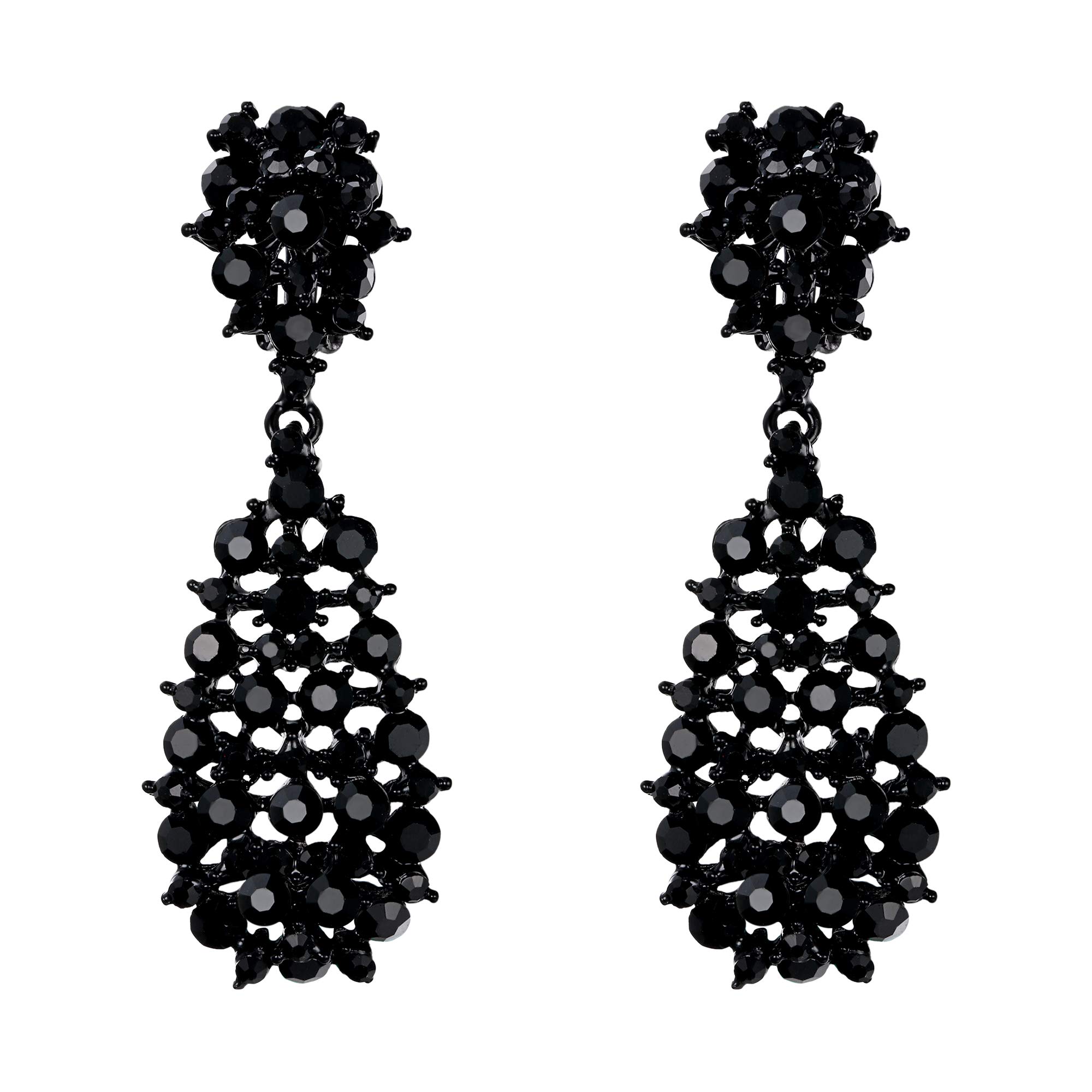 EVER FAITH Women's Jewelry Black Crystal Hollow Waterdrop Art Deco Dangle Clip-on Earrings Black-Tone