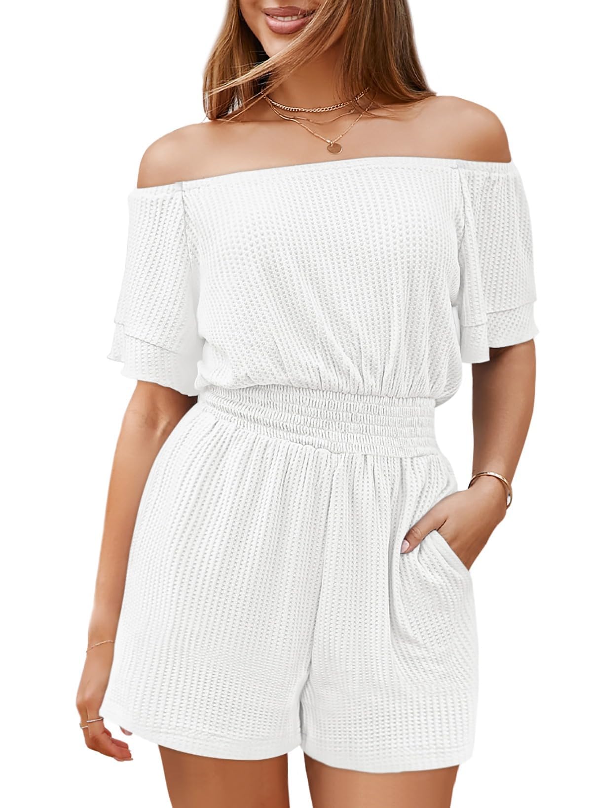 Photo 1 of Fixmatti White Romper Women Off The Shoulder One Piece Waffle Shorts Jumpsuit With Pockets S