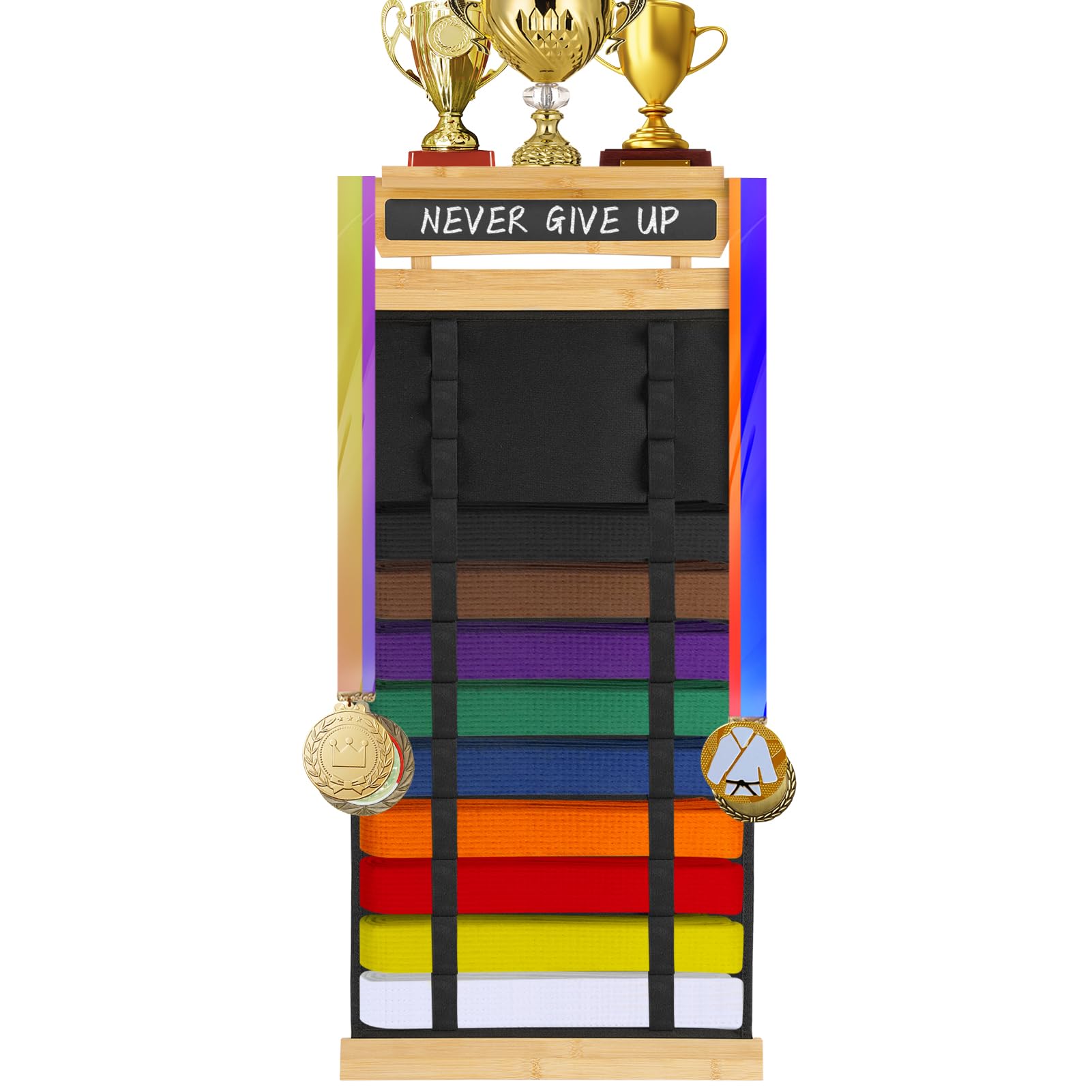 Photo 1 of 12 Karate Belt Display Rack - Taekwondo Holder With Writable Blackboard, Easy Installation Martial Arts Display for Kids and Adult Birthday Gifts