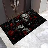 Gothic Skull and Red Rose Doormat Rug for Entryway, 17x29.5 Inch, Dark Floral Skull Indoor Door Mat Gifts, Non-Slip Absorbent Floor Mat for Outdoor Use, Country Decor for Home Living Room