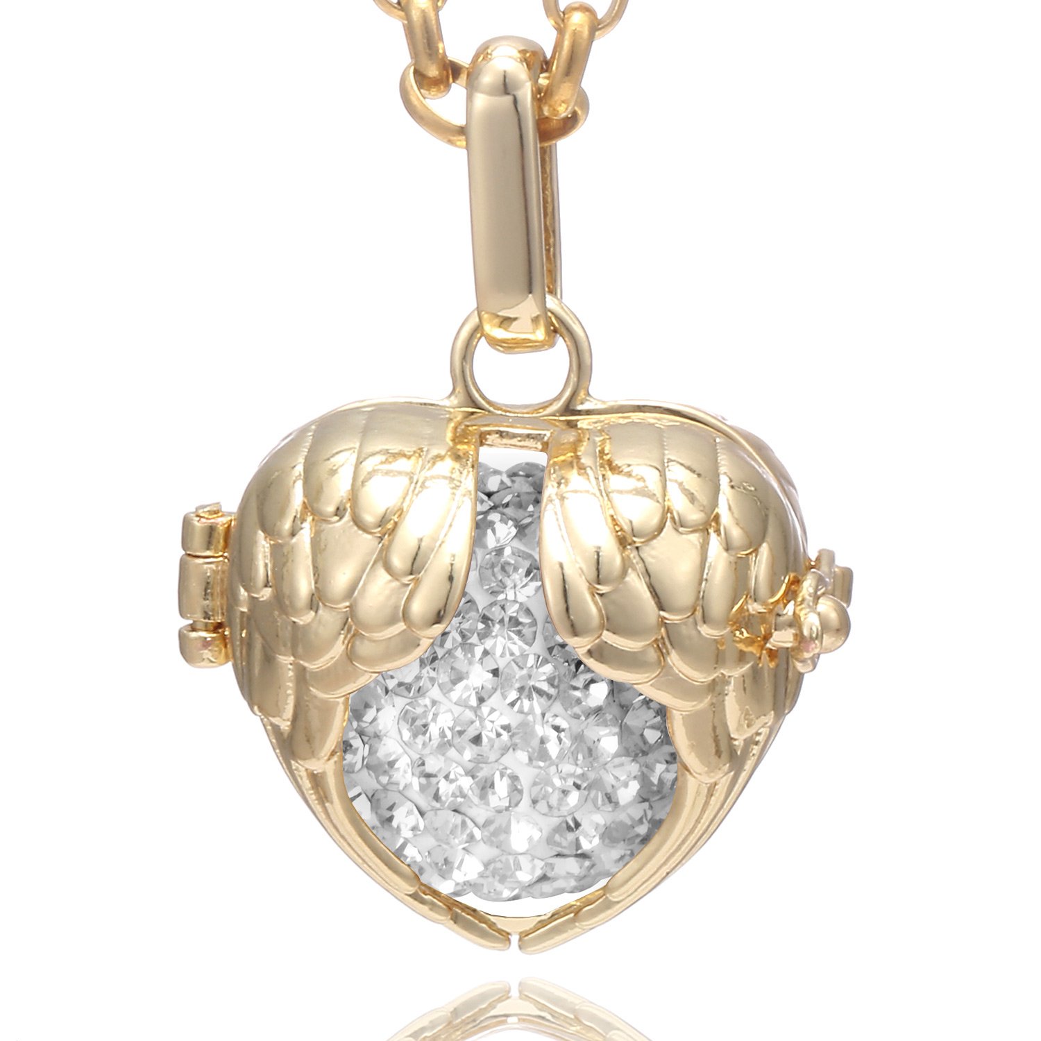 Morella Women Necklace Stainless Steel Gold 70 cm 27,5" with Angel Wings Pendant with Sound Ball Zirconia White Ø 16 mm 0,63" in a Velvet Jewelry Bag
