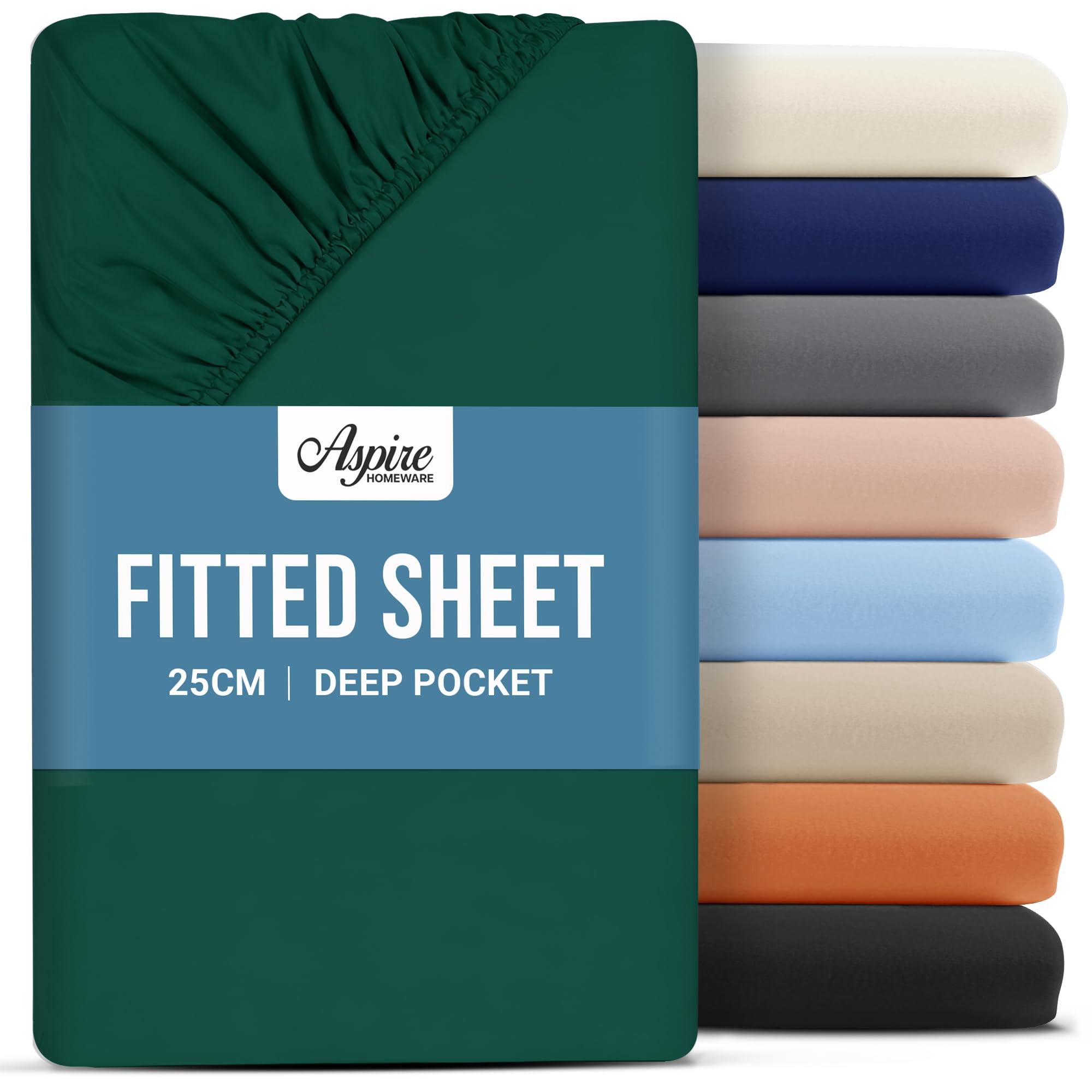 Aspire Homeware Double Fitted Sheet - 25 cm Deep Hotel Quality (Emerald) Bed Sheets - Soft & Breathable Fitted Bed Sheets Double - Anti-Wrinkle Easy Care Fitted Sheets