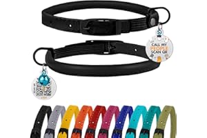 BRONZEDOG Cat Collar with Bell Kitten Rolled Leather Collars Safety QR ID Name Tag (Black Midnight)