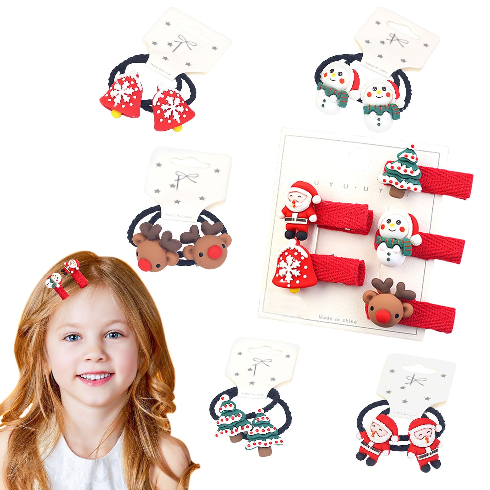 Girls Christmas Hair Accessories - 15Pcs Kids Hair Ties and Clips With Tree, Santa, Reindeer, Snowman, Bell Bobbles and Barrettes for Children and Adults Xmas Party