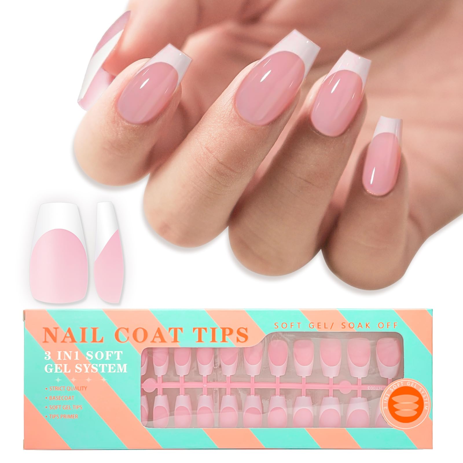 Short Coffin Gel Nail Tips French Tips-Pink Soft Gel Fake Nail Tips 15 Sizes 150Pcs Pre-Primer&Base Coat&Color Gels French Nail Tips, DIY Press On Nail Tips for Nail Extension