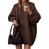 Saodimallsu Womens Cable Knit Cardigans Oversized Chunky Button Down Long Lantern Sleeve Crew Neck Warm Sweater Dress