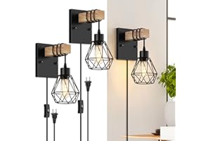Lomoky Plug in Wall Sconces Set of Two, Vintage Wood Wall Lamps with Plug in Cord, Farmhouse Wall Light Fixture with 5.25FT On/Off Switch Cord, Indoor Sconces Lighting for Bedroom Living Room