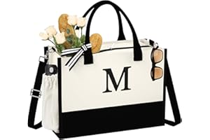 QLOVEA Initial Canvas Tote Bag - Reusable Grocery Bags, Birthday Gifts Basket for Bridemaids Friends Teachers