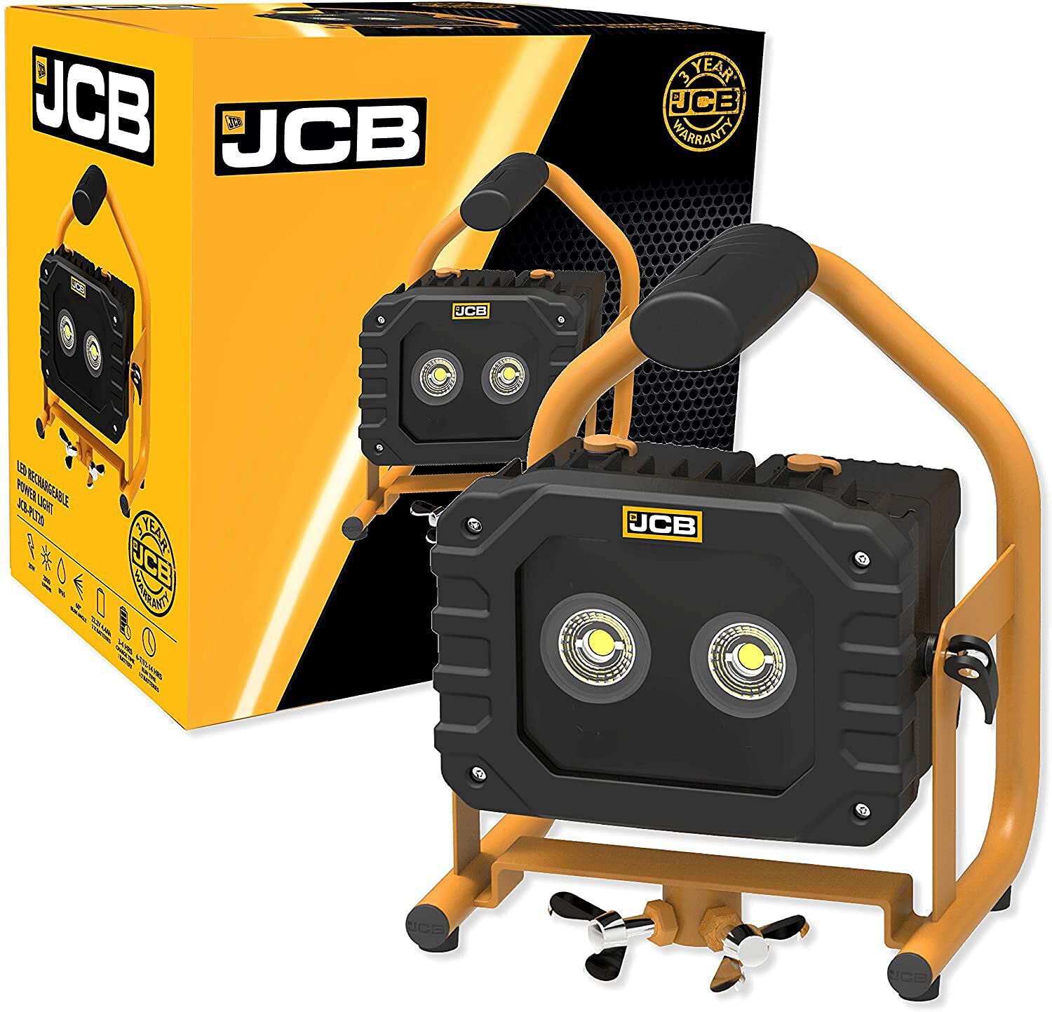 JCB-PLT20-20W LED Rechargeable Portable Power Flood Spot Light - Up to 14 Hours Run Time, 2000 Lumens - 3.9kg - for Outdoor and Indoor Use, Loft, Garden, Shed, Garage - Hanging, Work, Camping, Home