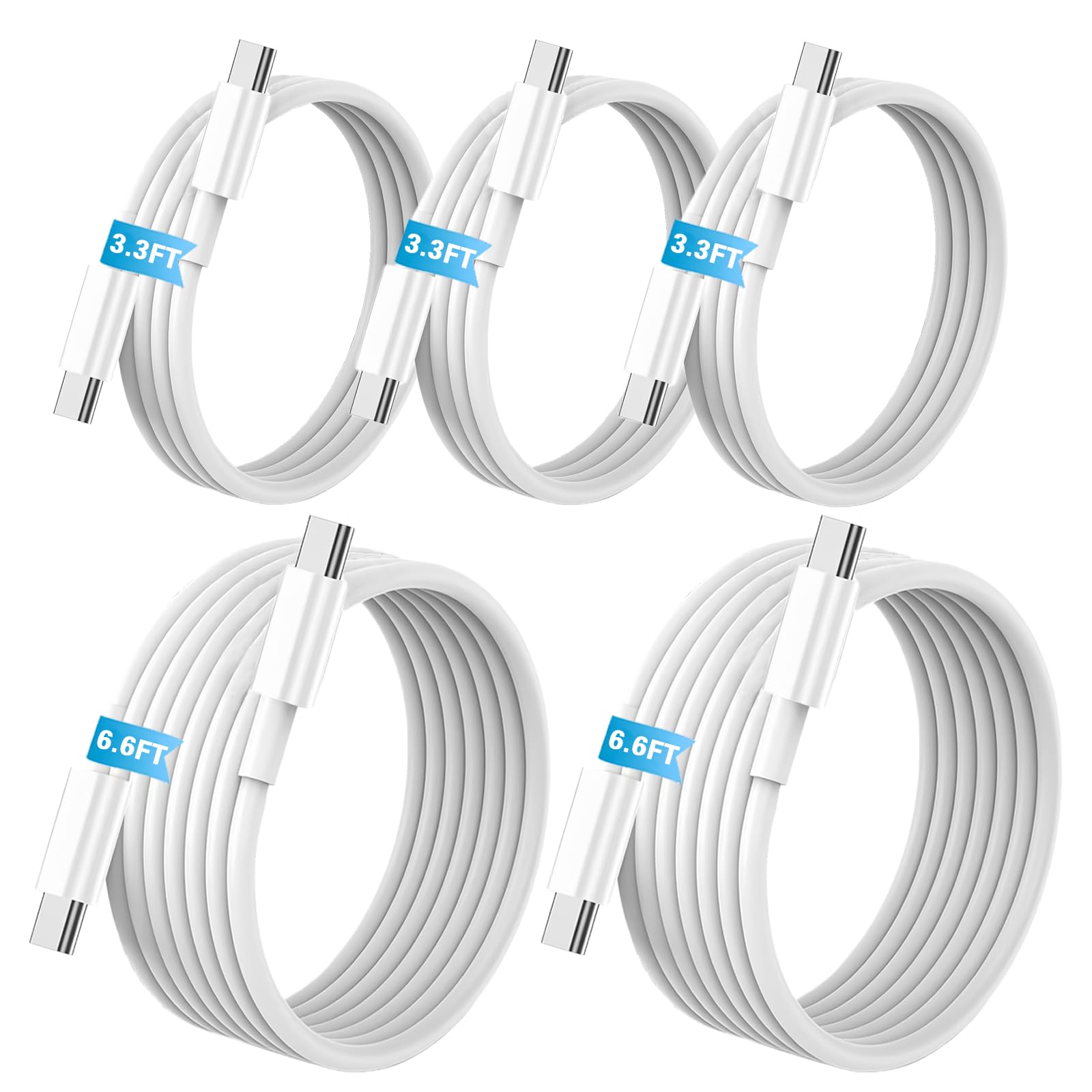 Photo 1 of [5-Pack] USB C to C 60W Fast Charging Cable, 480 Mbps Data Transfer?2*6.6ft+3*3.3ft?, PD 3.0 compatible with iPhone 15/16 Plus Pro Pro Max, MacBook Pro/Air, Pad Pro/Air/mini and more?White?
