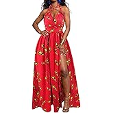 Vimoisa Women Sexy Boho African Long Maxi Dress V-Neck Multi-Way Pleated Floral Print Dresses