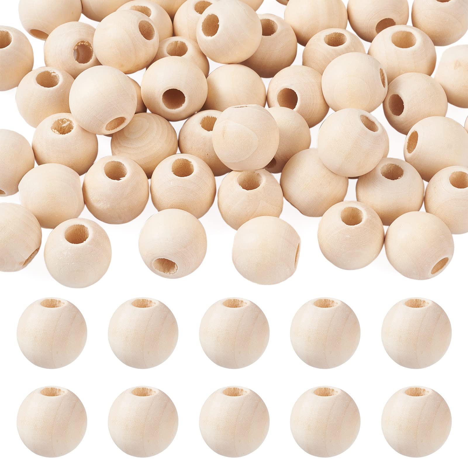 PandaHall 50pcs 18mm Natural Round Wood Beads Large Hole Unfinished Wooden Ball Spacer Loose Beads with 6mm Hole for Crafts DIY Handmade Decorations Jewelry Making, Antique White