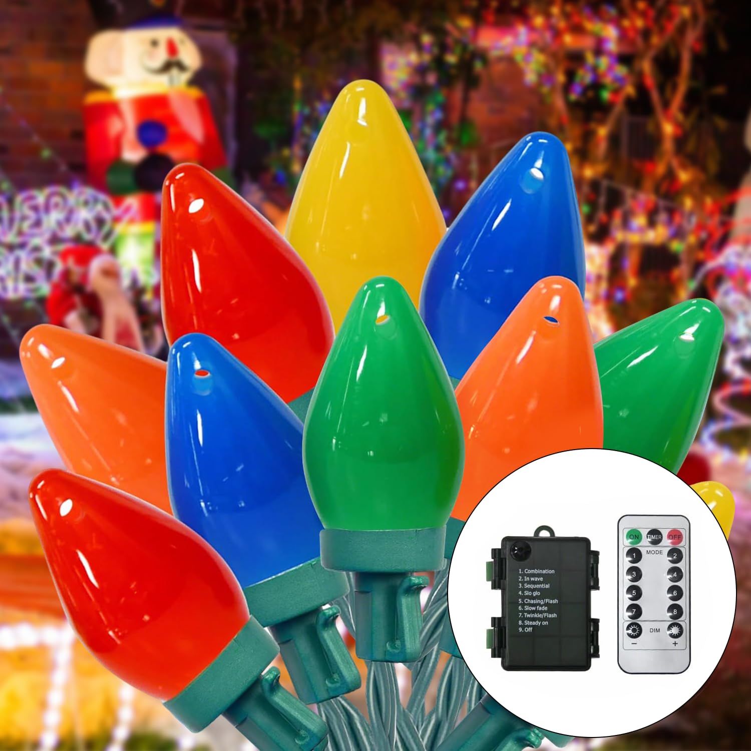Photo 1 of 100 LED C7 Multicolor Christmas Lights Battery Operated with 8 Mode Remote Control, 2 Sets 27.5FT Colorful Christmas Tree Lights with 2 * 50pcs Twinkle C7 Light Bulbs for Home Porch Yard Decorations