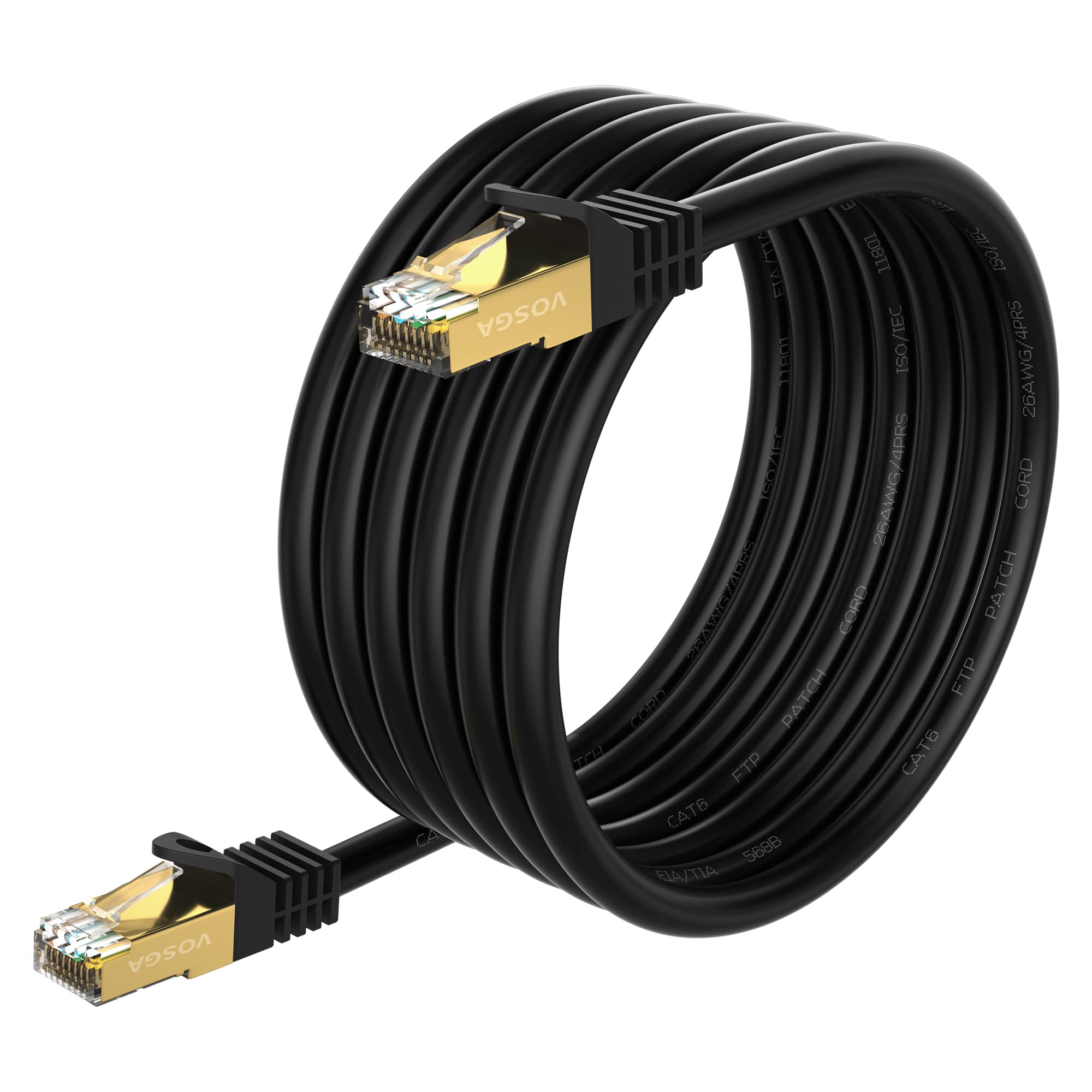 VOSGA Cat6 Shielded Ethernet Cable 30M,26AWG Patch Cable,550MHz 10Gbps LAN Network Cable with Gold Plated RJ45 Connectors,Indoor Outdoor Cat 6 Waterproof Direct Burial Internet Cord,30M Black