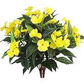FAICOIA 2 Pcs Artificial Impatiens Flowers for Outdoors Faux Impatiens Bushes Yellow Silk Flowers Greenery Artificial Impatiens Bouquet for Patio Lawn Garden Pot Hanging Basket Porch Decoration