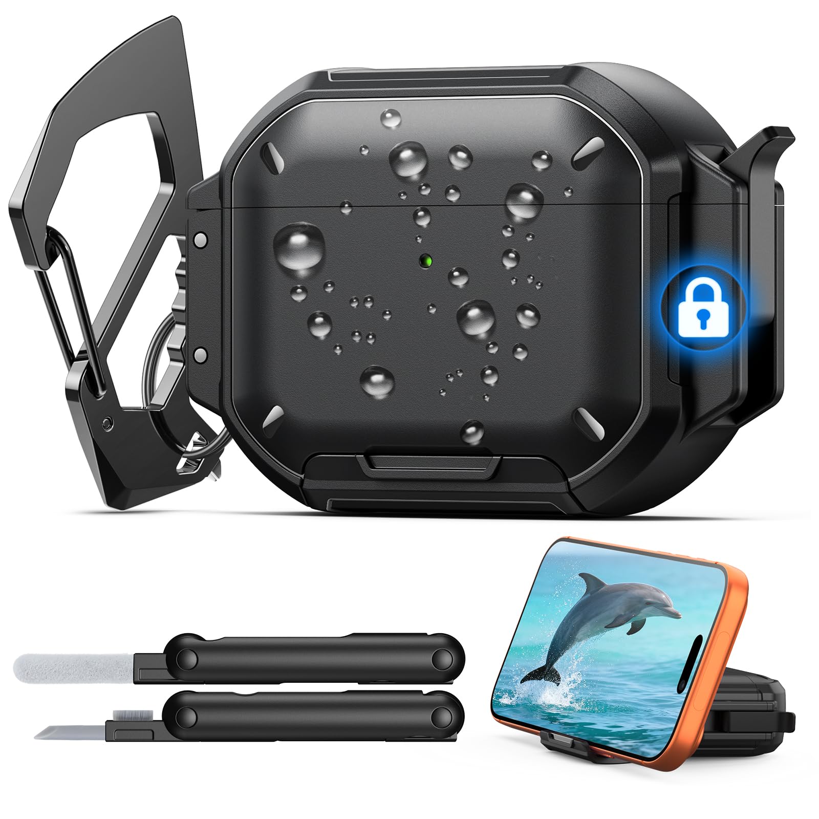 Photo 1 of MoKo for AirPods Pro 3 Case with Secure Lock - IP68 Waterproof Case for iPods Pro 3, Military-Grade Protective Cover Earpods Pro 3 with Keychain, Phone Stand & Cleaner Kit, Black