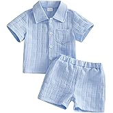 KtwHarnu Toddler Baby Boy Clothes Solid Color Texture Button Down Collared Shirt Top Shorts 2 Piece Set Summer Casual Outfits