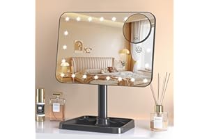 FAMIHOMII Lighted Desk Makeup Mirror, Rechargeable Vanity Makeup Mirror with Lights, 1000mAh Lithium battery, 360° Rotation, Storage, Detachable 10X mirror Design for Kids Room Decoration Teens Boy's Gift