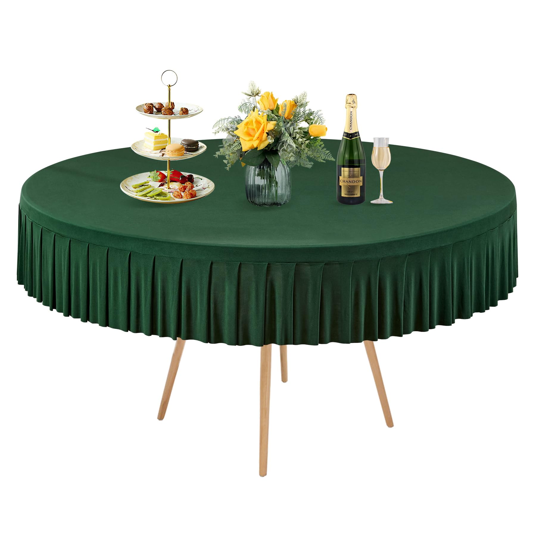 Photo 1 of 1 Pack Hunter Green Spandex Round Tablecloths for 72in Table, Stretchy Fitted 6FT Round Table Cloths, Wrinkle Free Table Cover with Skirt for Wedding Birthday Party Bridal Shower Banquet
