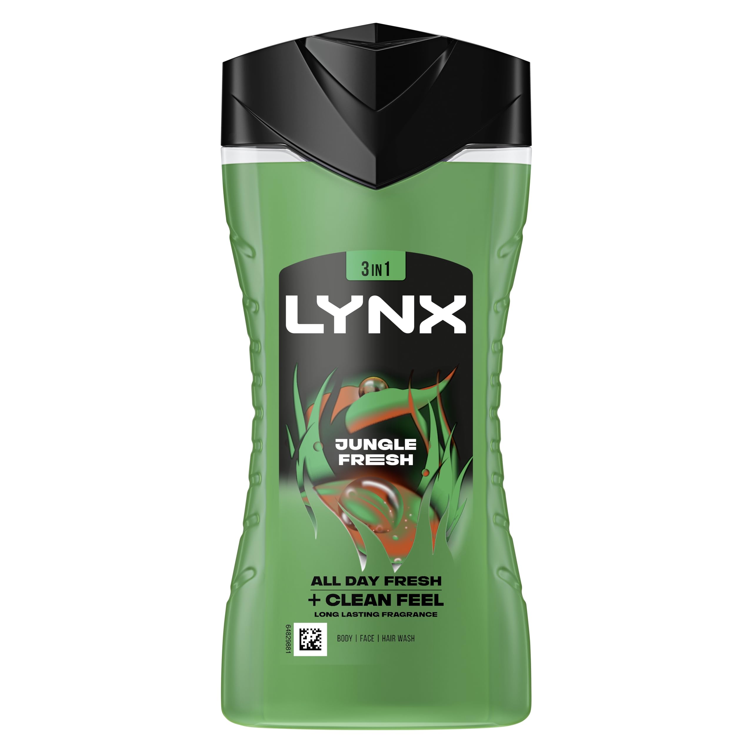 Lynx Jungle Fresh 3-in-1 Body Wash Hair, Face and Body Cleanser shower gel with a palm leaf & amber scent for an all day fresh & clean feel 6x 225 ml