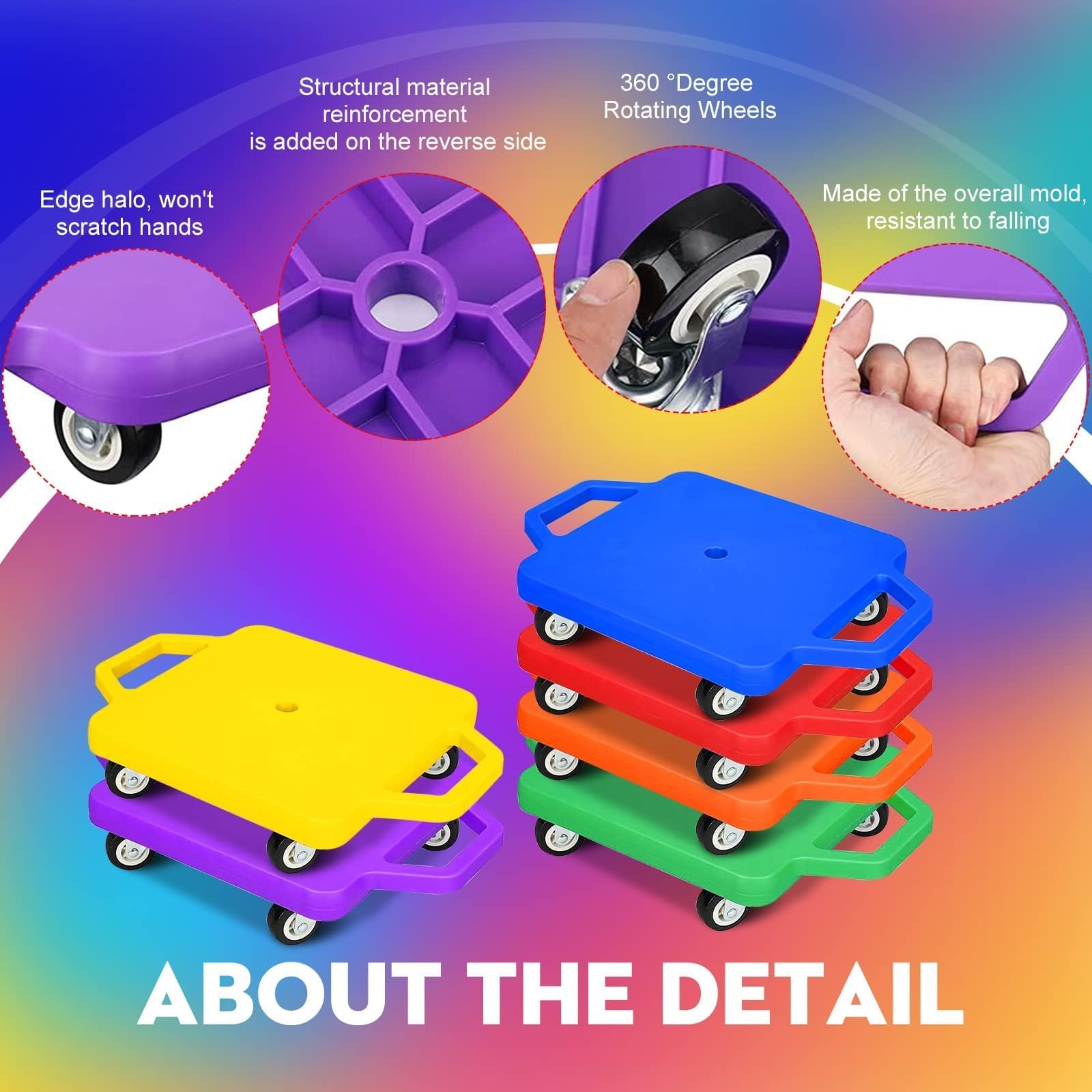 12 Pcs Sports Scooter Board with Handles for Kids Non-Marring Plastic Casters Floor Scooter Board Sitting Scooter Board Boy Girl Gym Indoor Outdoor Activities Play Equipment