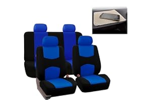 FH Group Automotive Seat Covers Flat Cloth Full Set Blue Combo Small Car Seat Cover Design, Rear Solid Bench Universal Fit and Car Seat Protector for Vans Cars Trucks and SUV Interior Accessories