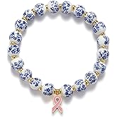 Breast Cancer Bracelets Beads Ribbon Charm Bracelet for Women Flower Vintage Breast Awareness Accessories Stretch Handmade Bracelet