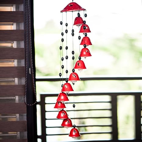 ExclusiveLane Melodious Sound Home Decorative Wind Chimes Cum Outdoor Garden Hanging with 12 Bells in Red (Red, Ceramic)