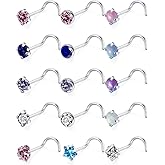 Qiwnswoy 15 Pcs 18G 20G Surgical Steel Nose Rings Studs for Women Opal Nose Rings Diamond CZ Nose Studs L Shaped Nose Nostril Piercing Jewelry Hypoallergenic