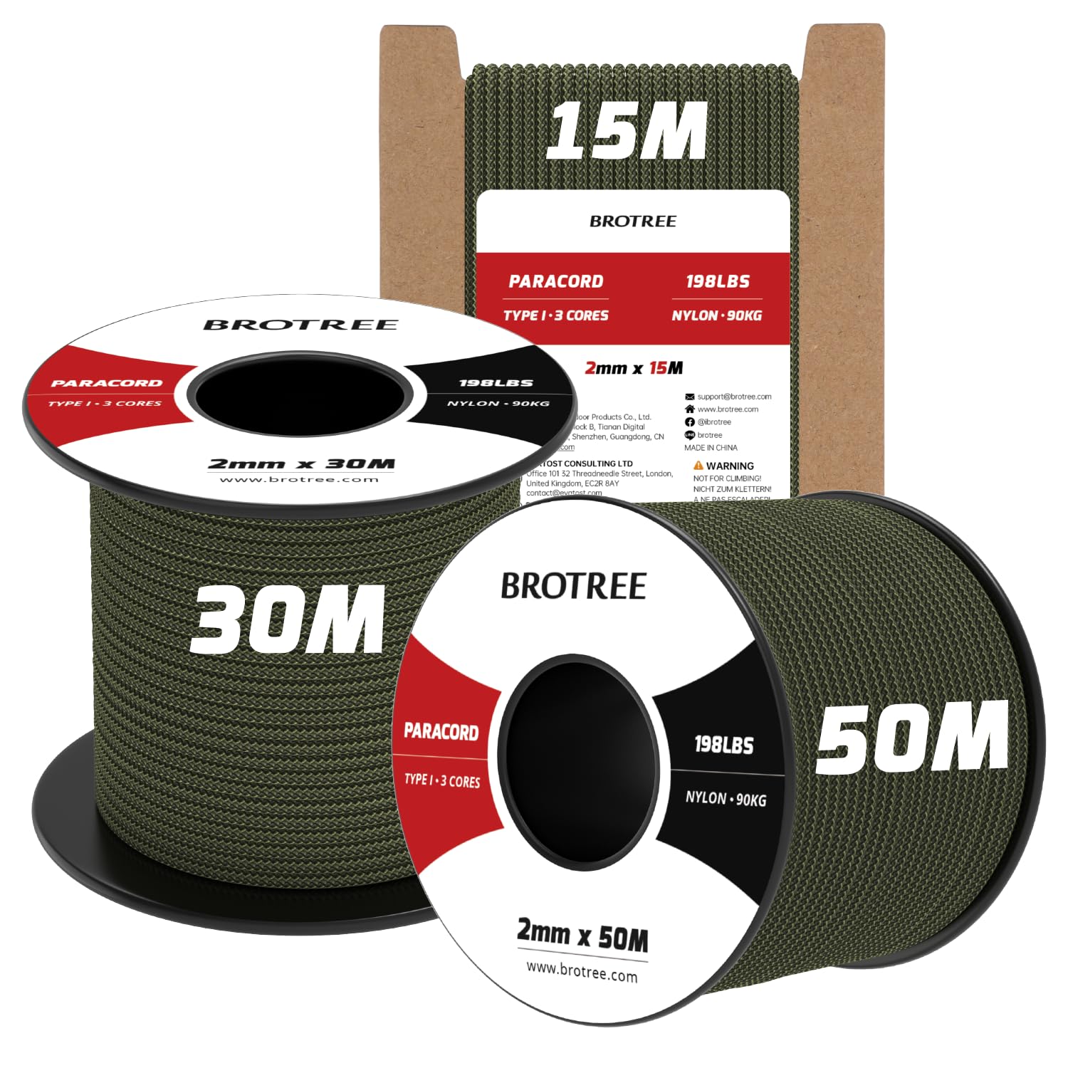 Brotree 2mm Paracord 3 Strands 30M 100% Nylon Rope Parachute Cord for Outdoor, Craft, DIY - 90kg Breaking Load (Army Green) — image 1