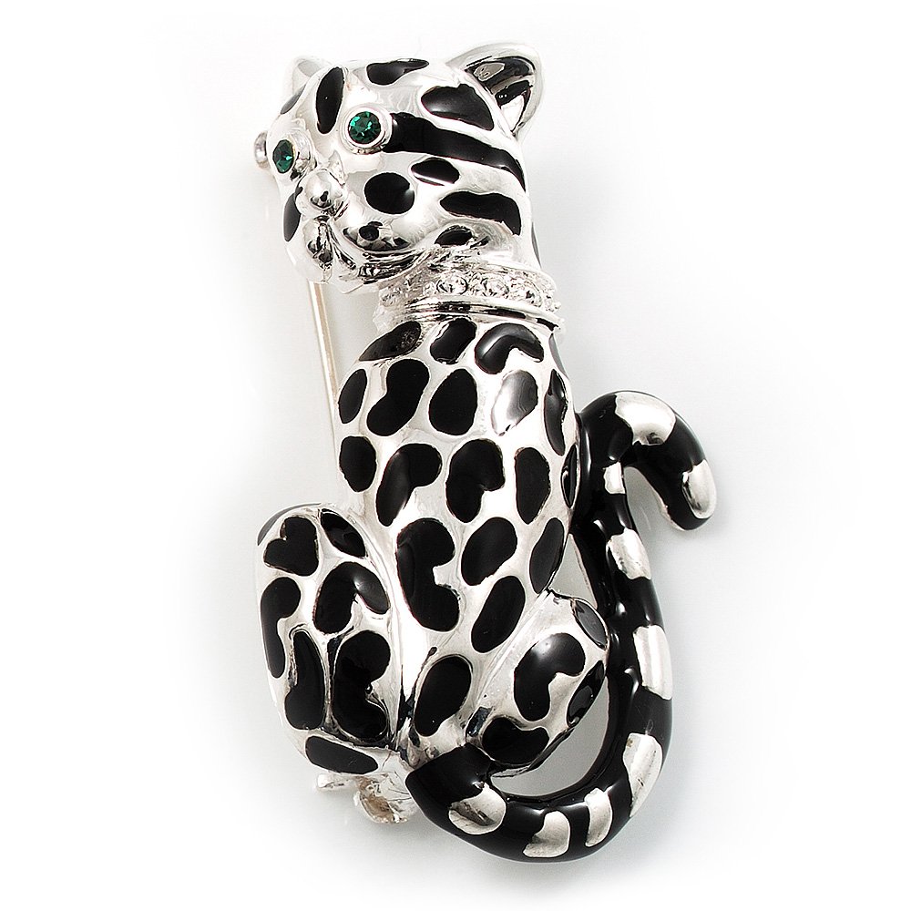 Black Enamel Leopard Brooch (Silver Tone)