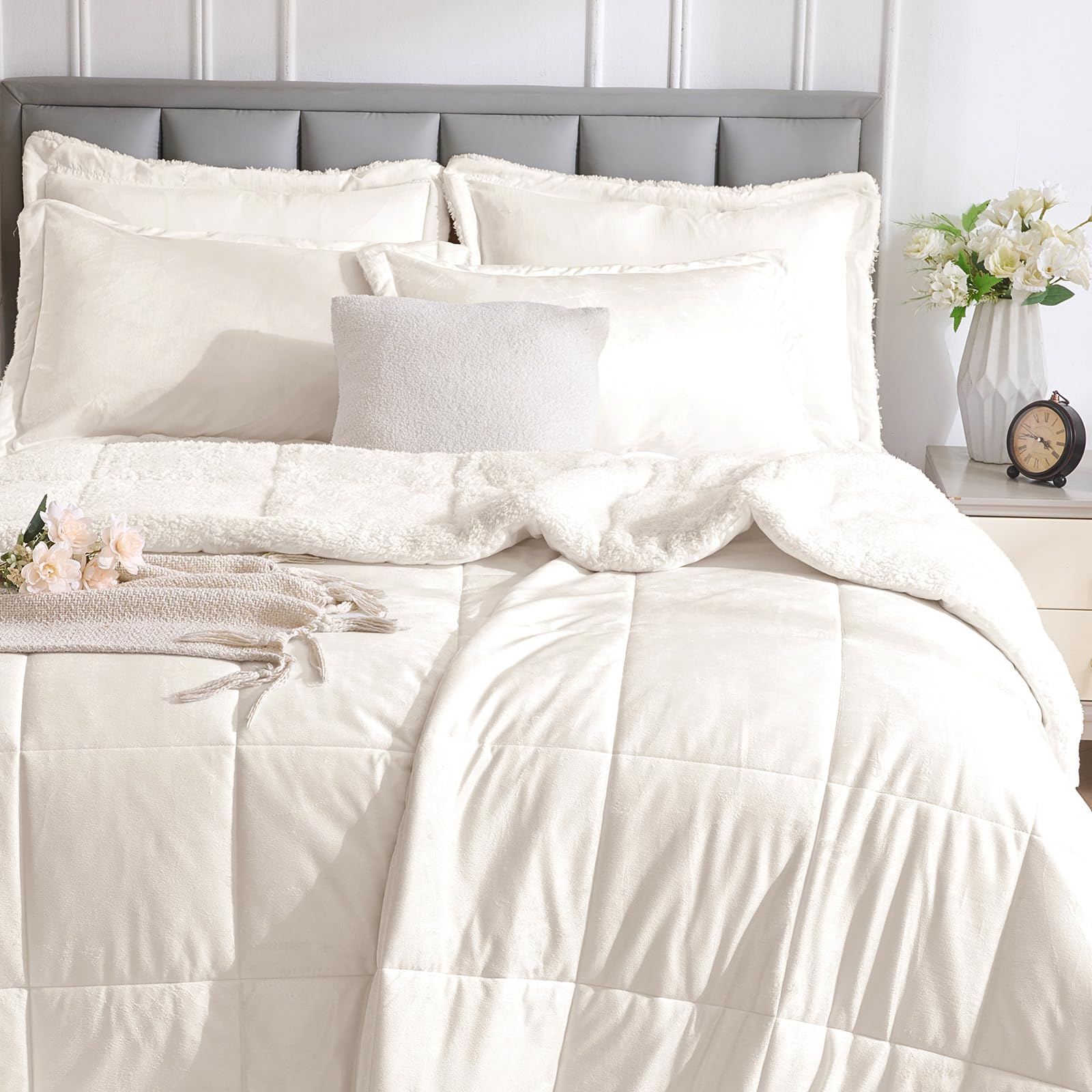 Photo 1 of Ellewins King White Comforter Set - Soft Fluffy Sherpa Fleece, Plush Shaggy Comforter, 3 Piece Luxury Ivory Bedding Set for Winter, Warm Bed in a Bag Set with Pillow Shams