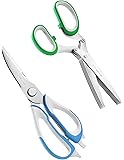 Vremi Kitchen Shears and Herb Scissors Set - Heavy Duty Easy Function Come Apart Multipurpose Culinary Scissors in Stainless Steel with Blade Covers for Meat Poultry Fish Herbs Nuts - Blue and Green