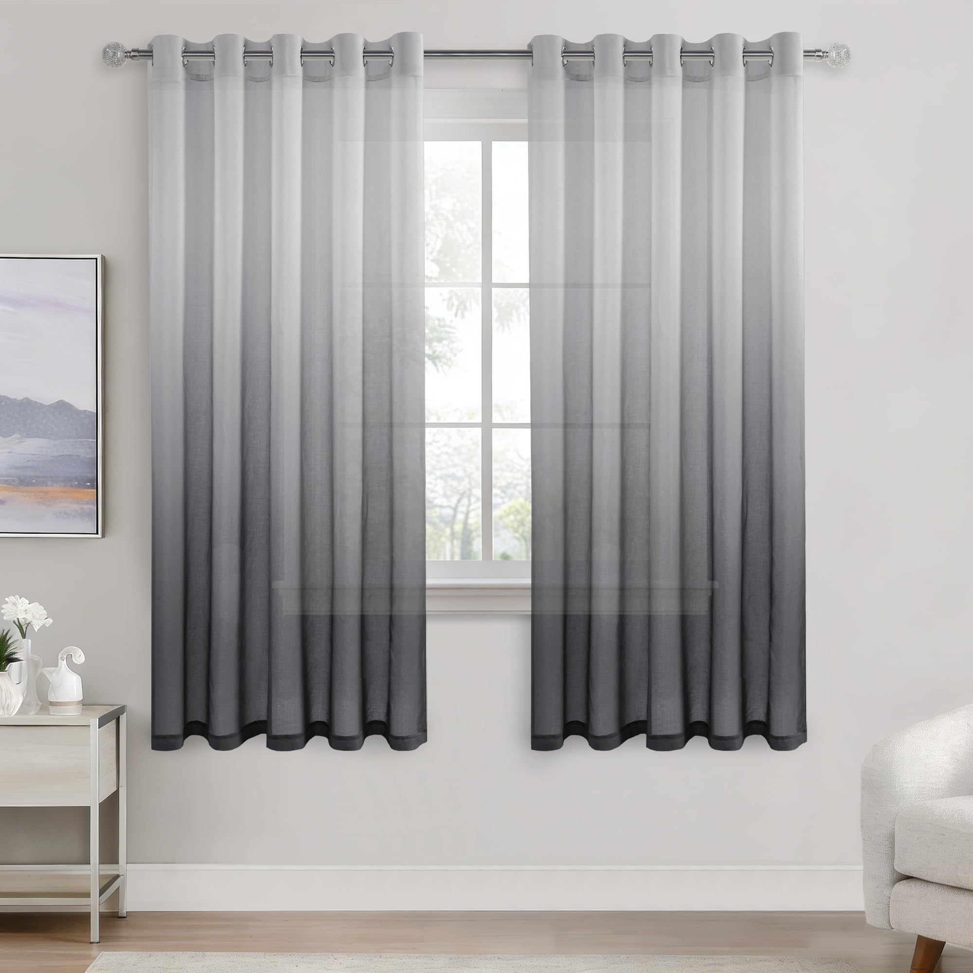 DWCN Voile Net Curtain 72 Drop Pair Grey Gradient Curtains for Living Room Sheer Curtains for Bedroom Eyelet Set of 2, 66 x 72 Inches