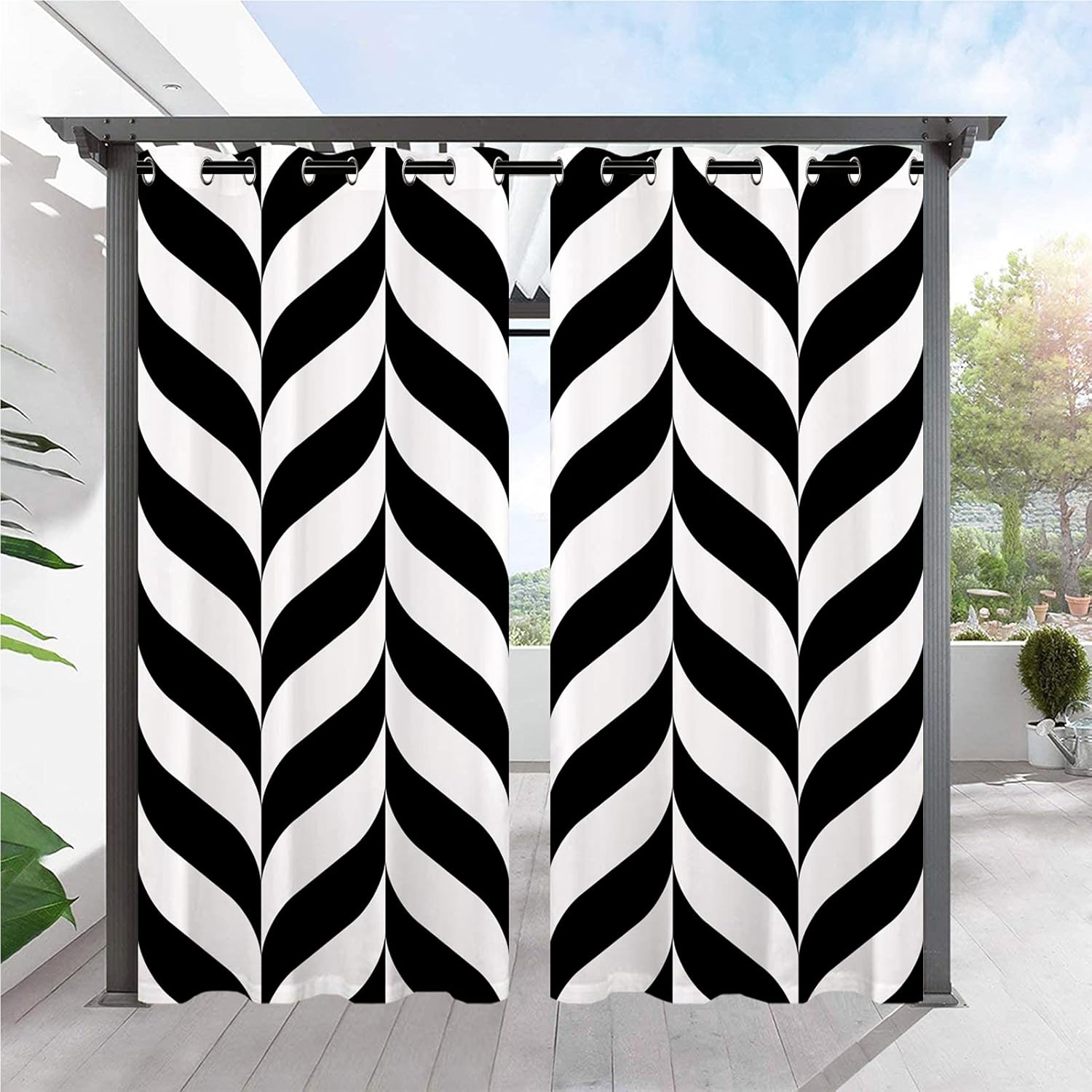 Outdoor Curtains - ANHOPE Outdoor Curtains - Grommet Top Waterproof Window Drapes Black White Chevrons Vintage Design Print Pattern Outside Privacy Curtains for Patio Pergola Gazebo Cabana Porch 2 Panels 54 x 96 Inch