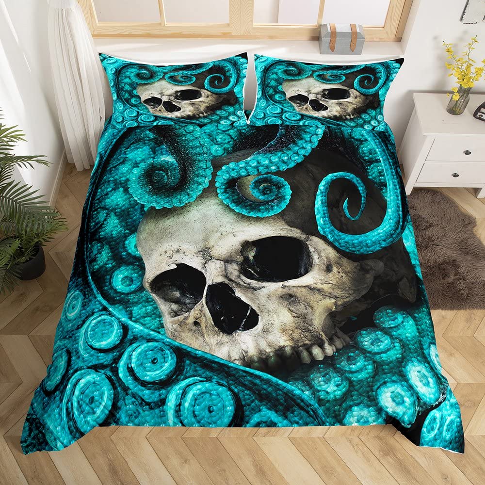 Loussiesd Skull Duvet Cover Set Single Size for Adults Boys 3D Print Octopus Bedding Set Blue Decorative Horror Microfiber Polyester Comforter Cover with 1 Pillow Shams, Zipper, Marine life, 2 Pieces — image 1