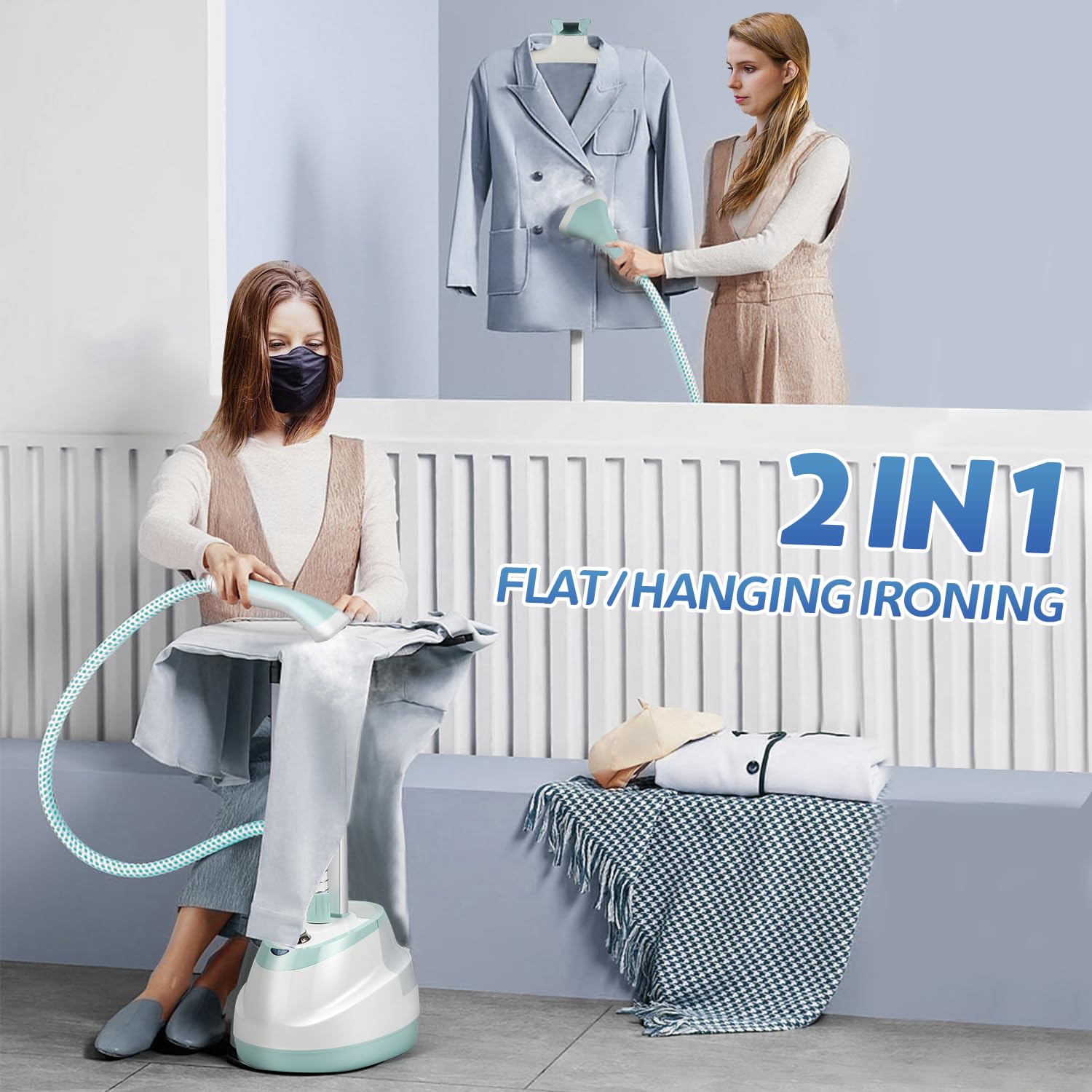 Hapyvergo Garment Steamer for Clothes Standing Flat Hanging Ironing Suitable for All Fabric Types, Rapid Heats in 25s for 1 Hour Continuous Steam, with Garment Hanger, Ironing Board, Ironing Gloves