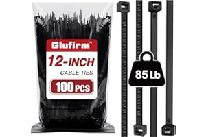 Zip Ties 12 inch (100 Pack), Double-sided Toothed, 85 lb, Delivering 1.7X Tensile Strength in the Same Specs, Black Cable Ties, Heavy Duty Wire Ties, Glufirm