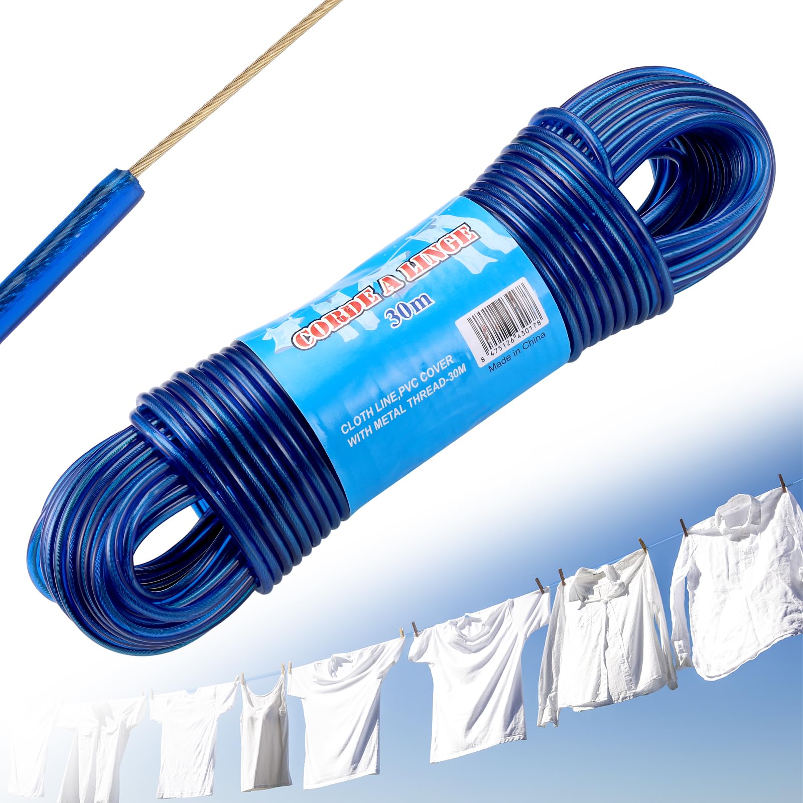 Yimomoyi 30m Washing Line Rope, Heavy Duty Clothes Line Steel Core, Strong String 4mm Dia Clotheslines, Long Clothes Lines for Outside Garden, Rustproof and Waterproof Heavy Duty Washing Line (Blue) — image 1