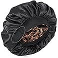 Silk Bonnet for Sleeping Double Layer Satin Bonnet Adjustable Bonnets for Black Women Sleep Cap Reversible Hair Bonnet for Curly Hair (Black and Leopard)