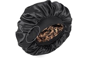 XRACEPHOL Silk Bonnet for Sleeping Double Layer Satin Bonnet Adjustable Bonnets for Black Women Sleep Cap Reversible Hair Bonnet for Curly Hair (Black and Leopard)