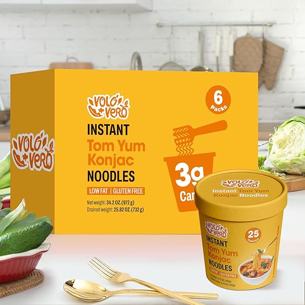 VOLO VERO KONJAC NOODLE INSTANT SOUP CUP TOM YUM FLAVOR, 6 PACKS, GLUTEN FREE, VEGAN, LOW CARB, LOW CALORIE, LOW SUGAR, KETO SHIRATAKI NOODLES ANGEL HAIR PASTA, HEALTHY DIET FOOD, HOLIDAY GIFTS