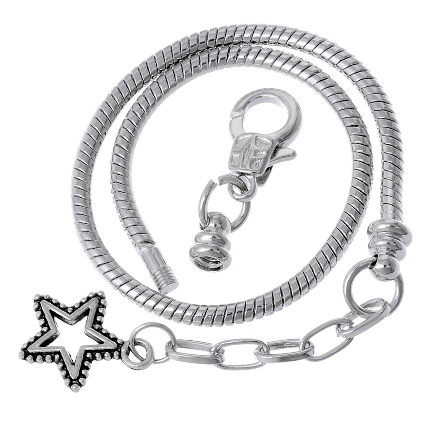 RUBYCA 10pcs 8.7" Lobster Clasp Star Pendant Bead Snake Chain European Charm Bracelet Silver Tone