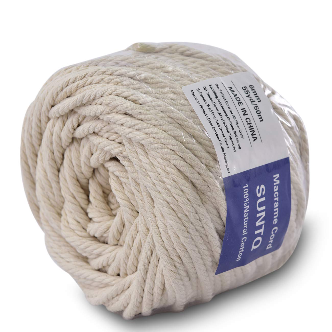 (6mm x 50m(about 55 yd)) Handmade Decorations Natural Cotton Bohemia Macrame DIY Wall Hanging Plant Hanger Craft Making Knitting Cord Rope Natural Color Beige Macramé Cord