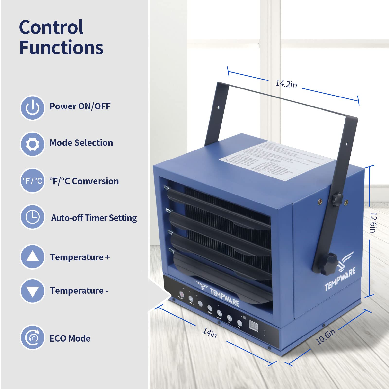 TEMPWARE Electric Garage Heater, 7500-Watt Digital Fan-Forced Ceiling Mount Shop Heater with ECO Mode, 240-Volt Hardwired with Full-Function Remote and 12-Hour Timer, Ideal for Workshop