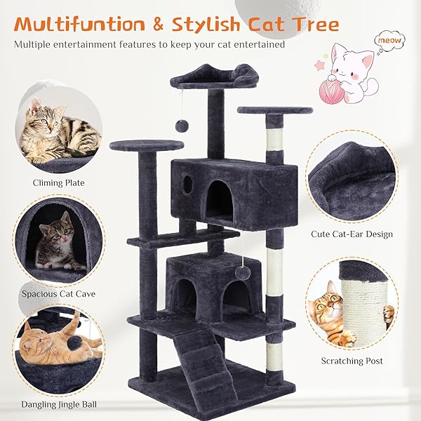 SWEETCRISPY 54-INCH CAT TREE TOWER – MULTI-LEVEL WITH SISAL SCRATCHING POST, PERFECT PET GIFT, INDOOR CONDO WITH CLIMBING LADDER, PLUSH TOY, AND MORE ANIMAL STUFF, GREY